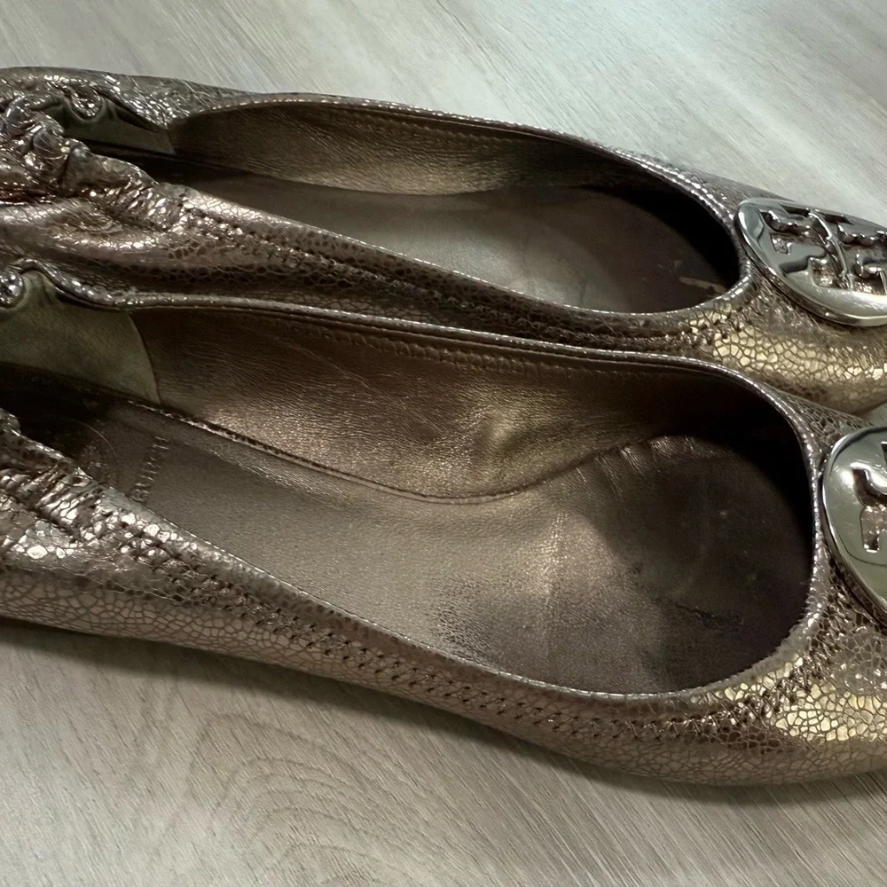 Tory Burch Metallic Bronze Embossed Leather Ballet Flats Women's Size 8M